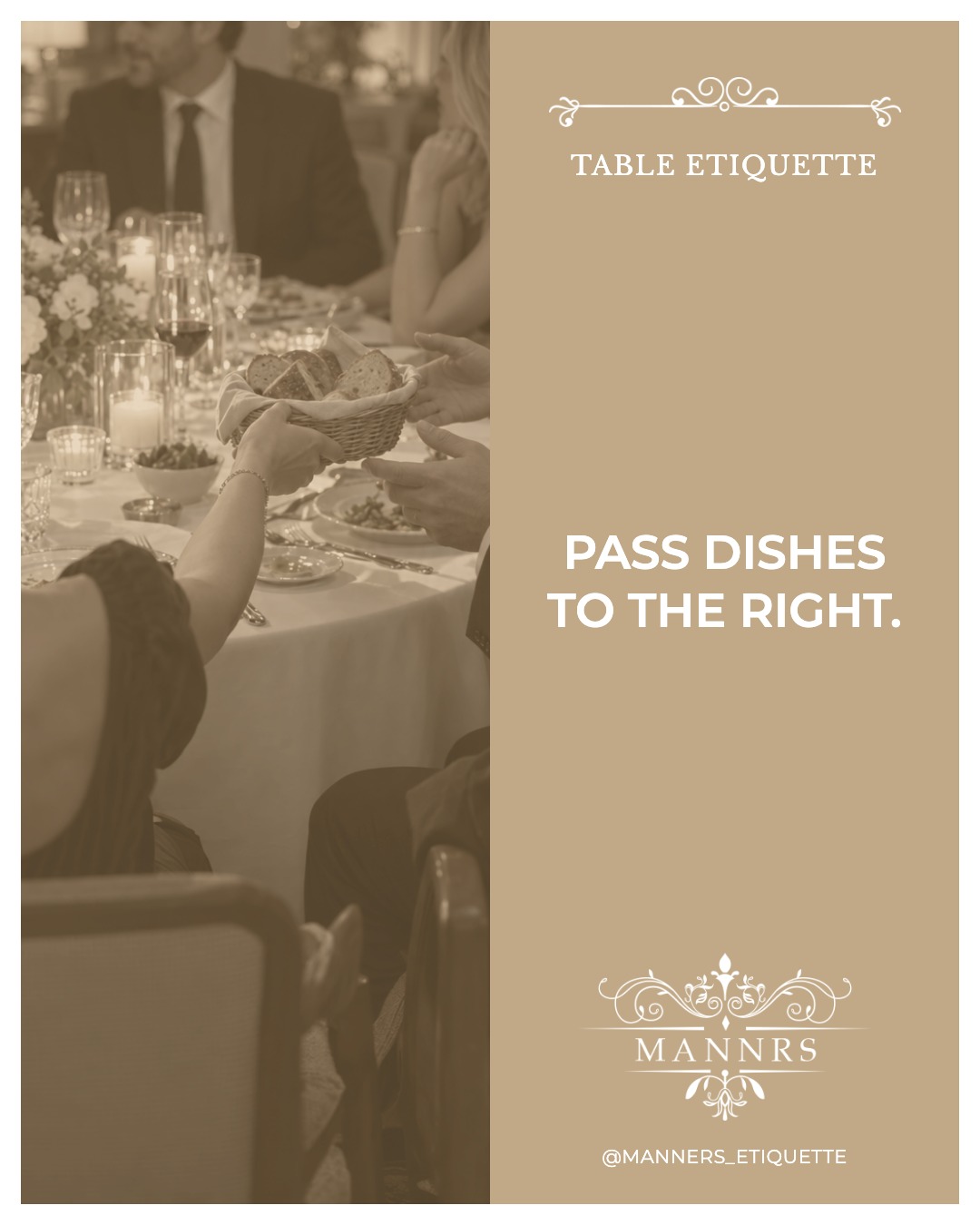 Instagram post from the Table Etiquette series: Pass dishes to the right.