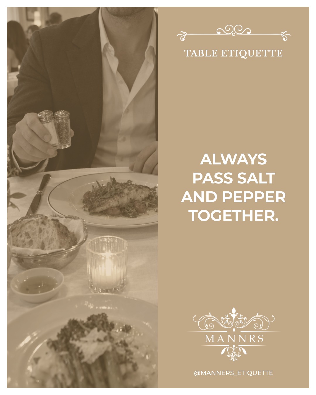 Instagram post from the Table Etiquette series: Always pass salt and pepper together.